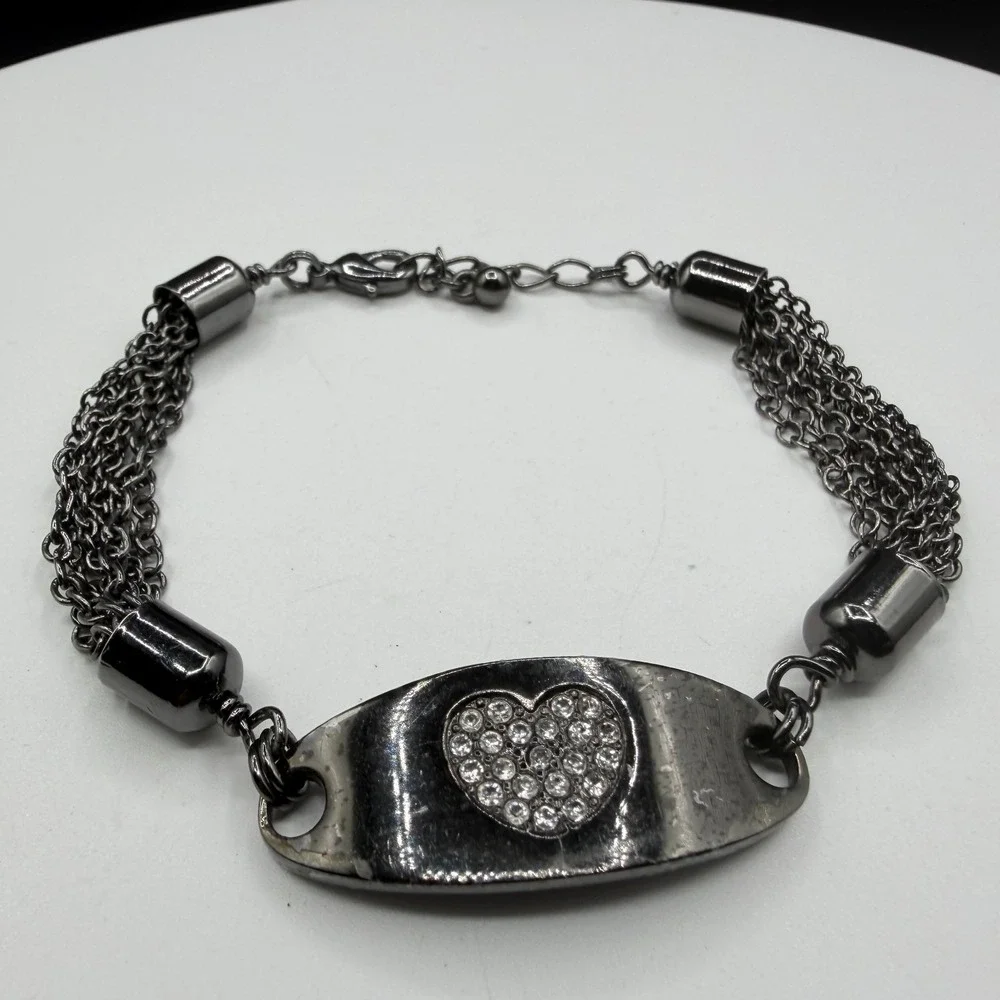 Rhinestone Heart Silver Tone Multi Strand Chain Bracelet Romantic Y2K Love Gift